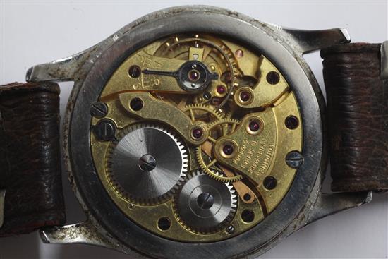 A 1940s gentlemans stainless steel Longines military manual wind wrist watch,